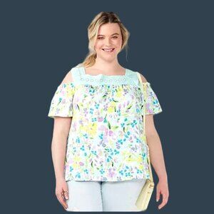 LAUREN CONRAD- WOMENS GREEN MULTI SQUARE NECK COLD SHOULDER TOP SIZE X-SMALL